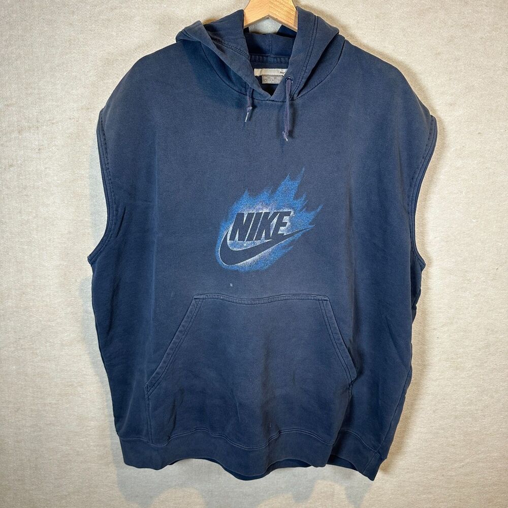 Vintage Nike Center Swoosh Flame Logo Hoodie XXL Navy Sleeveless Cut Off